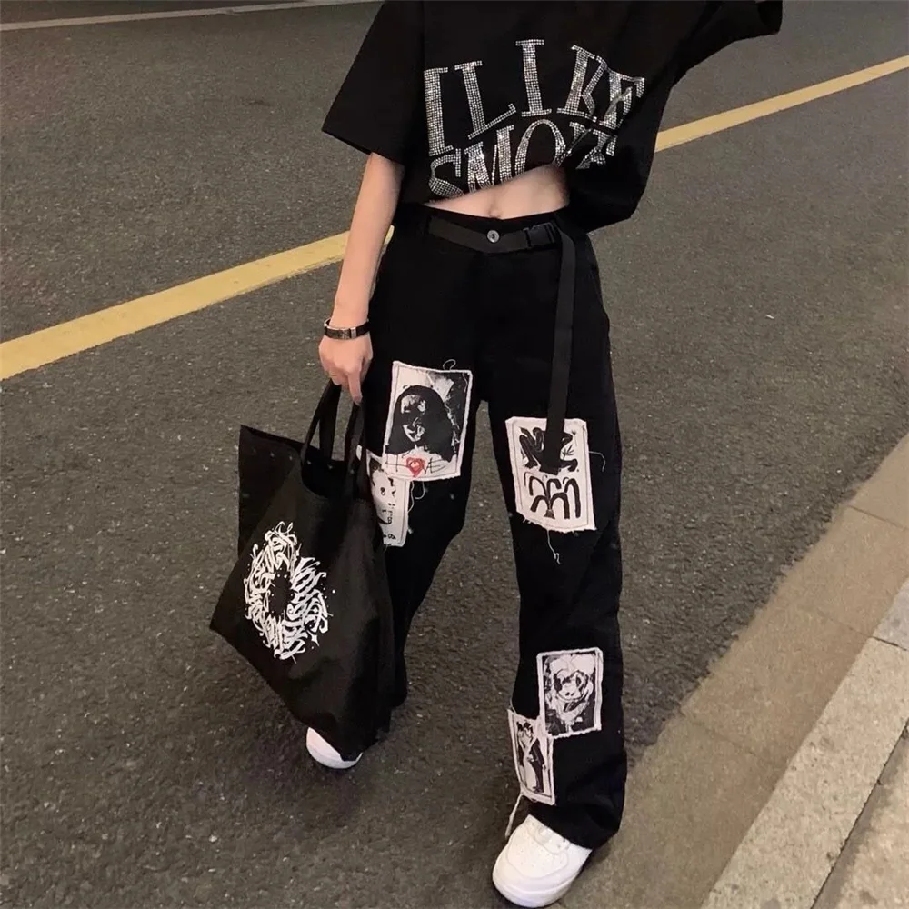 Patch Designs Print Black High Waist Baggy Wide Leg Jean Women Hip Hop High  Street Denim Pant Gothic Punk Harajuku Baggy Trouser