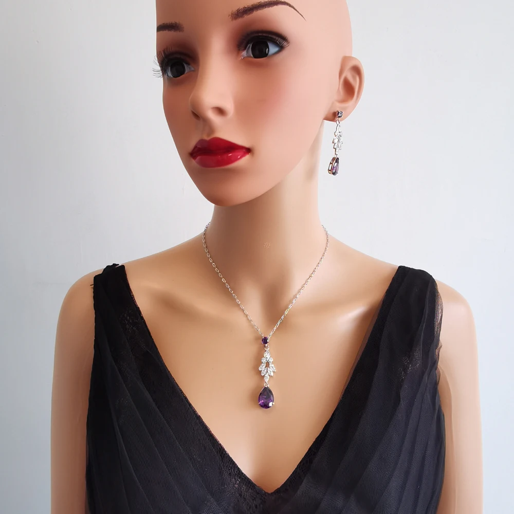 2023 New Fashion Popular Red Purple Cz Zircon Necklace Earrings Party