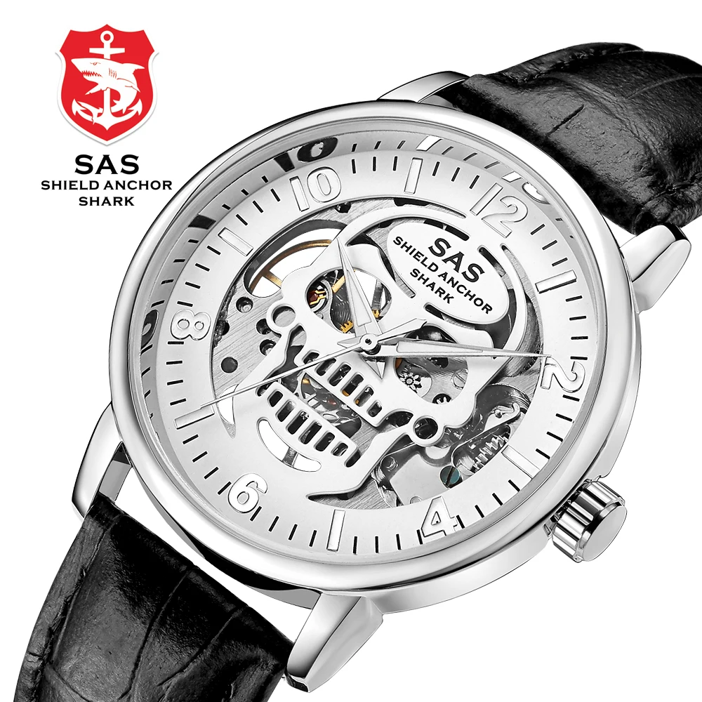 

Sas Shield Anchor Shark Men Watch Dial Design Skeleton Mechanical Watch Leather Strap Clock Men Business Fashion erkek kol saati