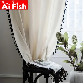 

Japanese simple partition living room window Curtain finish solid fabric black tassel semi-shading kitchen curtain panel M214#5
