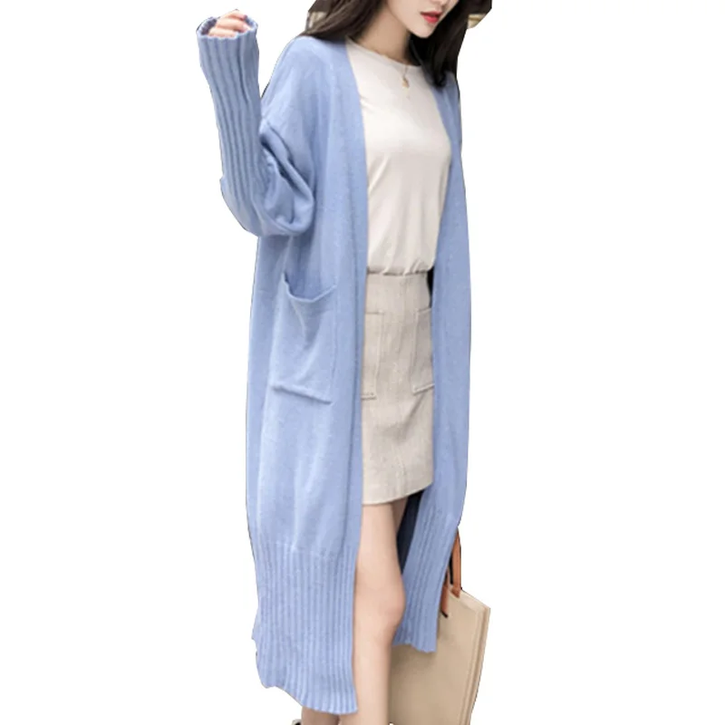 light blue Liva девушка длинный женский кардиган осень зима женский длинный рукав кардиган свитер вязаный кардиган для женщин свитер - Цвет: light blue