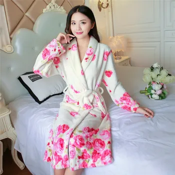 

Women Nightgown Robe Warm Long Sleeve Sleepwear Coral Fleece Winter Sexy Home Wear V-neck Floral Bathrobe Midi Kimono Gown