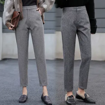 

2019 Women Woolen Harem Pants Warm Autumn Winter High Waist Elastic Office Lady Trousers Drawstring Ankle-Length Pants