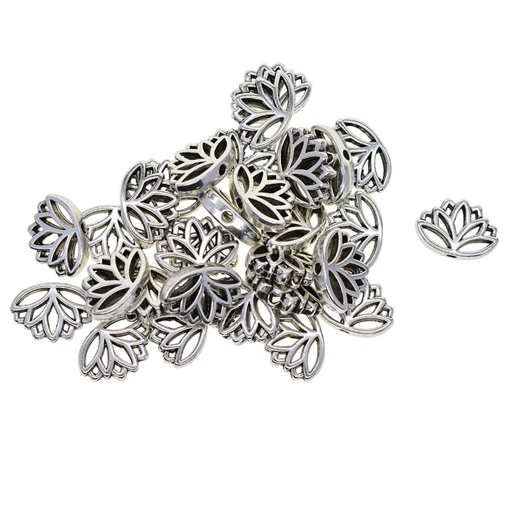 30PCS Tibetan Silver Hollow Out Lotus Flower Metal Beads Cute Spacer Loose Beads Charms For DIY Jewelry Making (16 X 13 X 4 Mm)