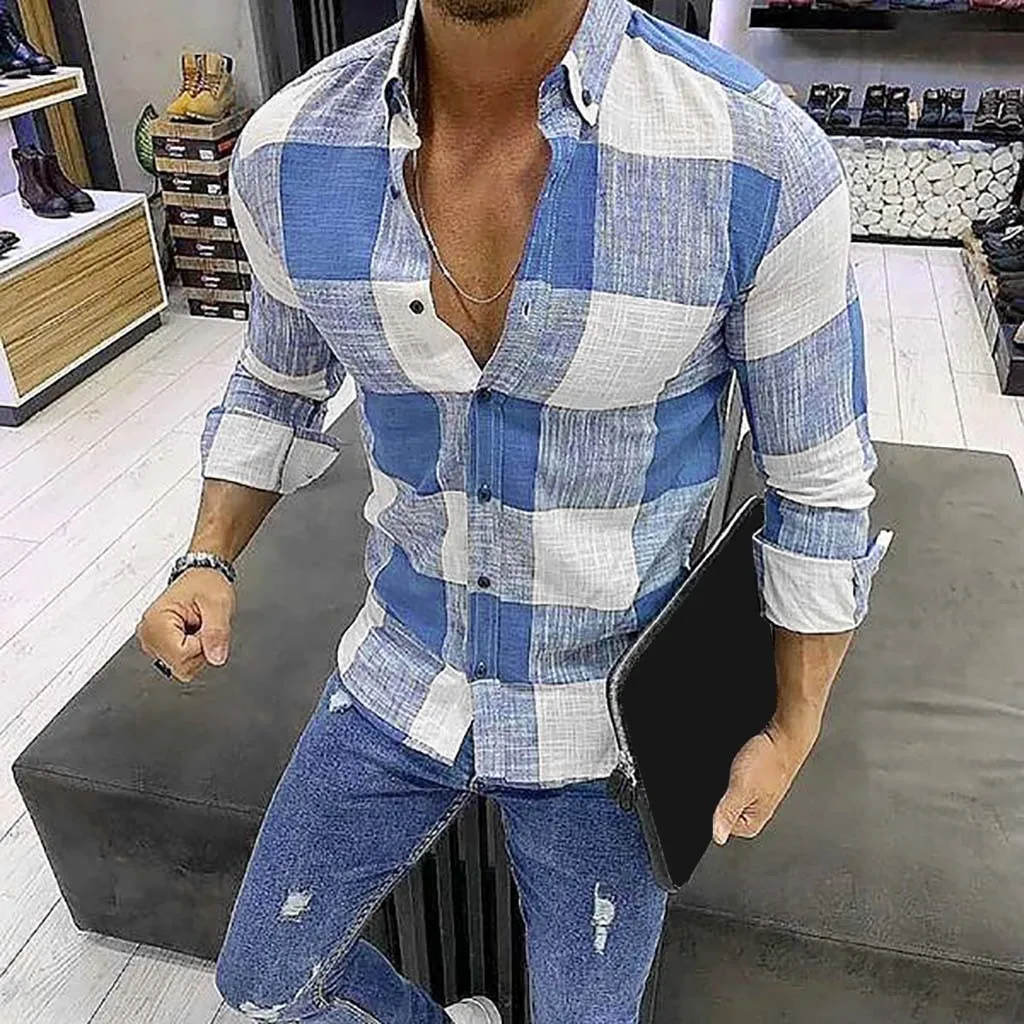 Повседневные мужские рубашки camisa, новые осенние рубашки в клетку с принтом, свободные рубашки с длинным рукавом на пуговицах, мужские рубашки в деловом стиле, Рубашки, Топы camisa