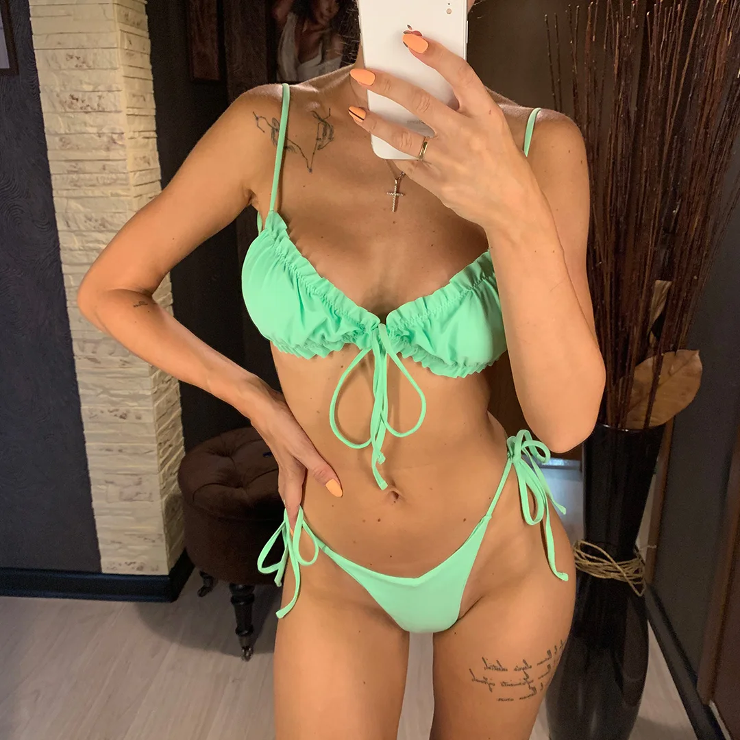 3 Colors Sexy Ruffled Frilled Bikini Women Swimwear Female Swimsuit Two-pieces Bikini set Lace Up Bather Bathing Suit Swim V2420