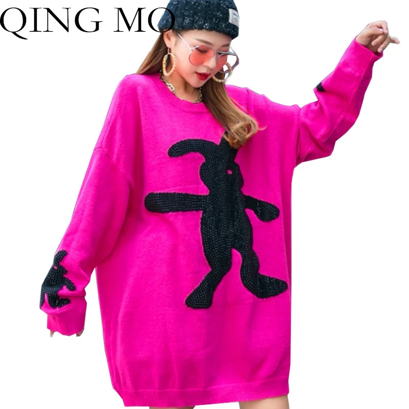 QING MO Red Diamond Rabbit Print Sweater Women