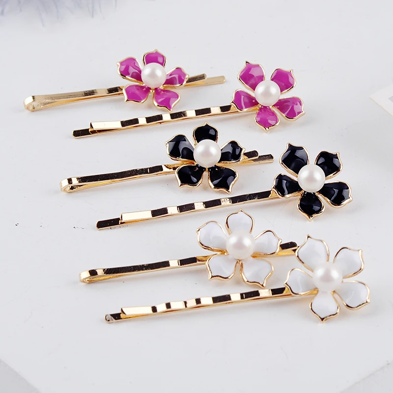 Simple Design Cute Black/Red/White Enamel Flower Hairpin For Women Handmade Date Gift Jewelry