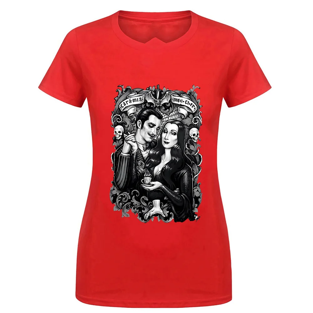 women red Черная футболка Cara My Mon Cher Morticia And Gomez The Addams family Horror футболка с фигурным рисунком - Цвет: women red