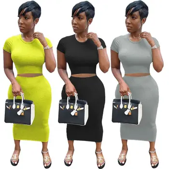 

ZKYZWX Fashion Women Solid Two Piece Set Short Sleeve Mini T-shirt Sexy Bodycon Midi Dress Suit Night Party Club Outfit Sets