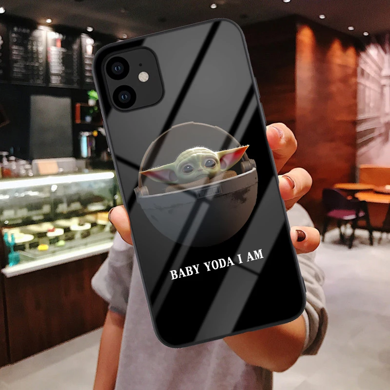 Милый мягкий силиконовый чехол из закаленного стекла для телефона Baby yoda meme для iPhone 6 6s 7 8 Plus X XR XS 11 Pro Max черный чехол - Цвет: Glass shell