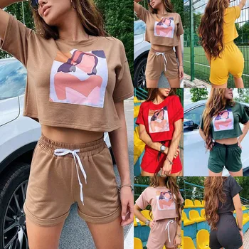 

Two piece set Women's Casual Suit Printed Round Neck Short Sleeve Shorts Elastic Band conjuntos de mujer