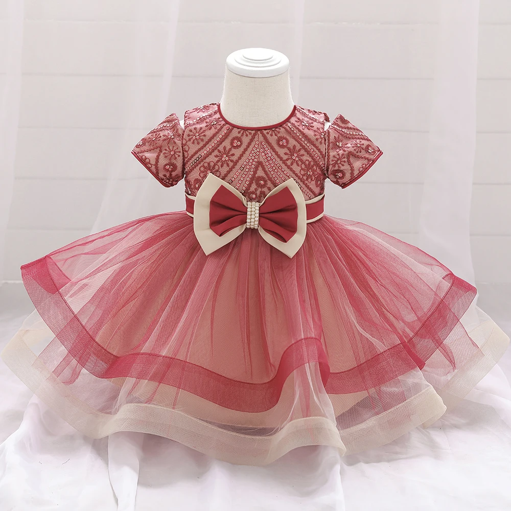 Infantil Baby Girl's Beading Bow Batizado Vestido,