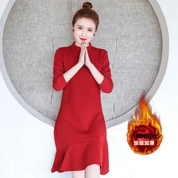 

Vintage Cheongsam Qipao Dress Chinese New Year Dress 2020 Long Sleeve Winter Fleece Warm Thick Qi Pao Plus Size Women Clothing