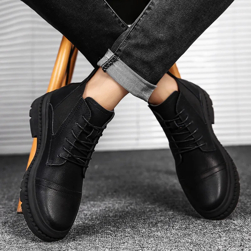 

Long-term Stock Winter Hot Selling Cowhide plus Velvet Vintage Warm Chelsea Boots Men's Hight-top Men's Fashion British Style Me