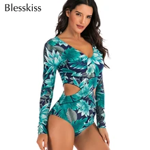 Blesskiss/слитный купальник с принтом зеленых листьев, женский купальник с длинным рукавом, новинка, сексуальный купальник с вырезами для пляжа и серфинга