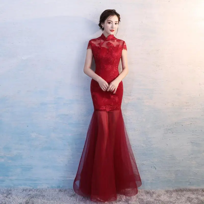 Элегантное длинное женское свадебное платье Qipao, сексуальное тонкое женское вечернее платье, изысканное блестящее платье с павлином - Цвет: Burgundy