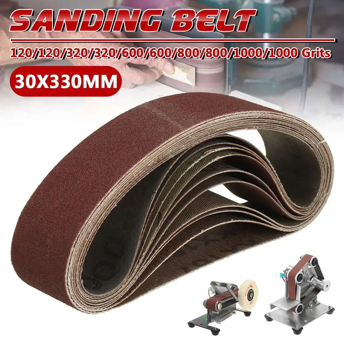 

10PCS Sanding Belts 330x30mm 120/320/600/800/1000 Grit Assortment Metal Grinding Aluminium Bands Polisher Oxide Sander