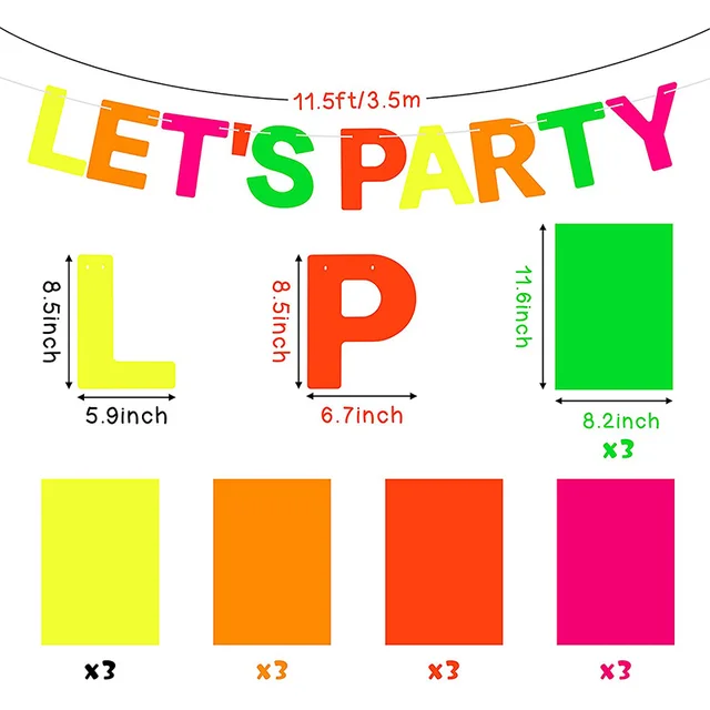 16Pcs Neon Paper Let's Party Banner with A4 Neon Paper Decor for Black Light Birthday Wedding Party Glow in The Dark Dance Party 6