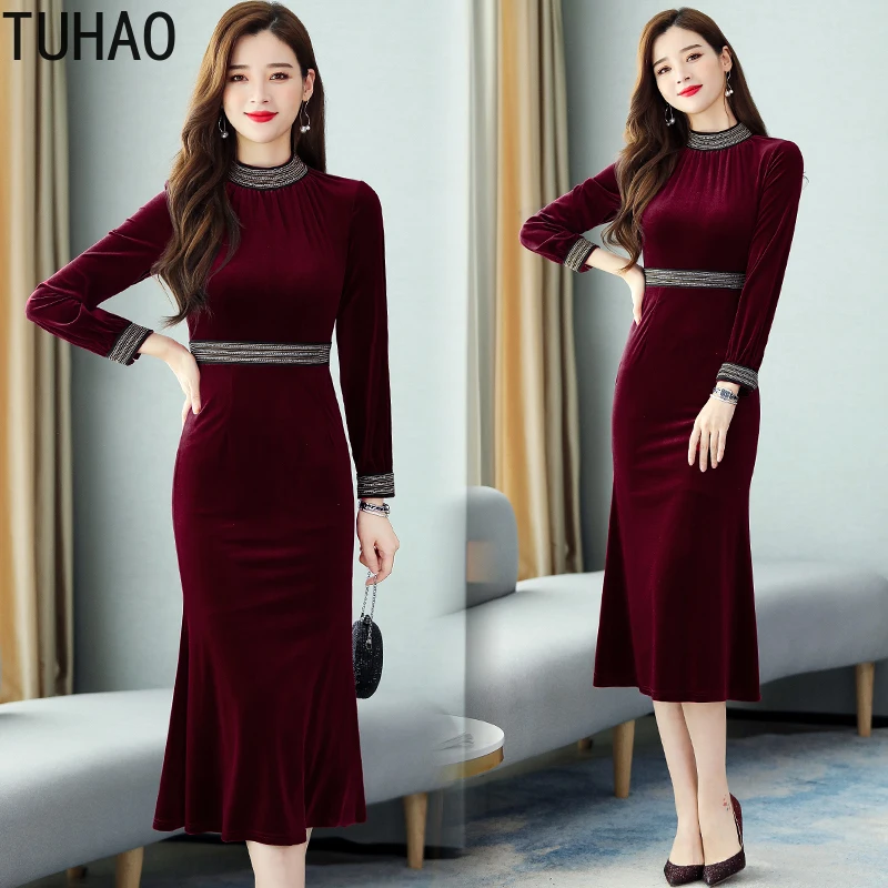 Большой размер 3xl женское бархатное платье Весна Зима офисное дамское вечернее платье vestidos велюровые платья платье с длинным рукавом WM63