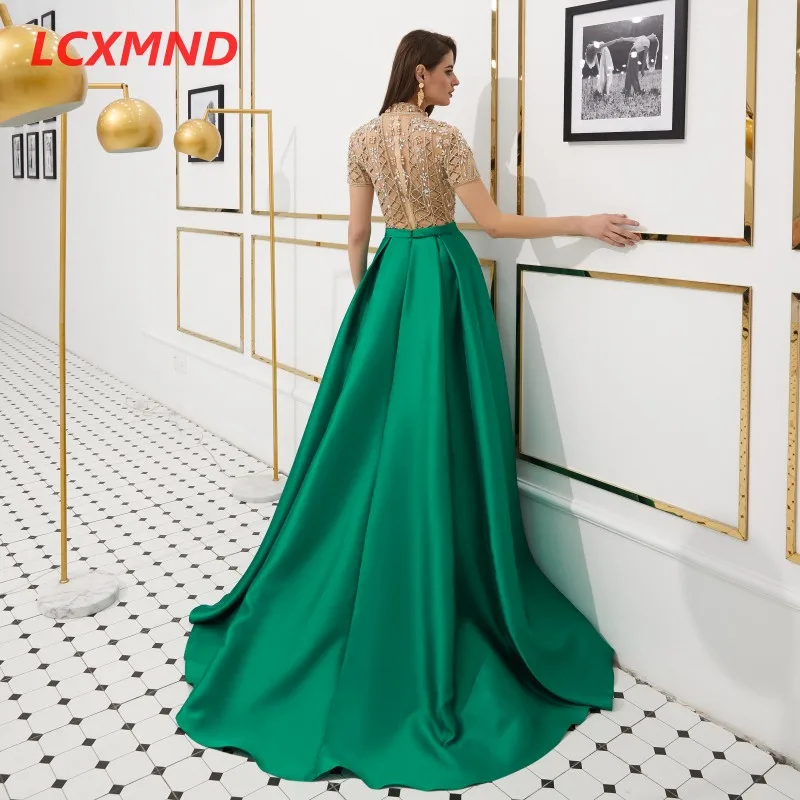 High Neck Short Sleeve Prom Dresses Sweep Train Satin A Line Formal Party Prom Gown for Women New Evening Dress Plus Size