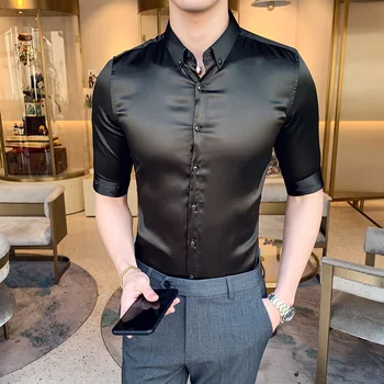 

Summer Slim Fit Shirt Men Embroidered Half Sleeve Social Club Prom Shirt Luxury Korean Wrinkle-Resistant Black Shirt