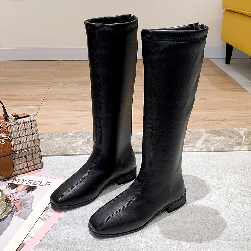 Women Pu Leather Black Knee High Boots Low Heel Waterproof Long Boots Women Brand Fashion Winter Keep Warm Slim Women Shoes