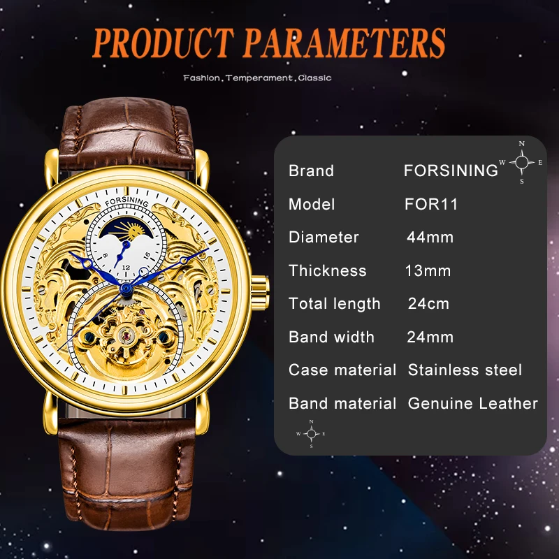 FORSINING Relogio Masculino модные кожаные Moonphase водонепроницаемые светящиеся спортивные часы мужские бизнес люксовый бренд наручные часы