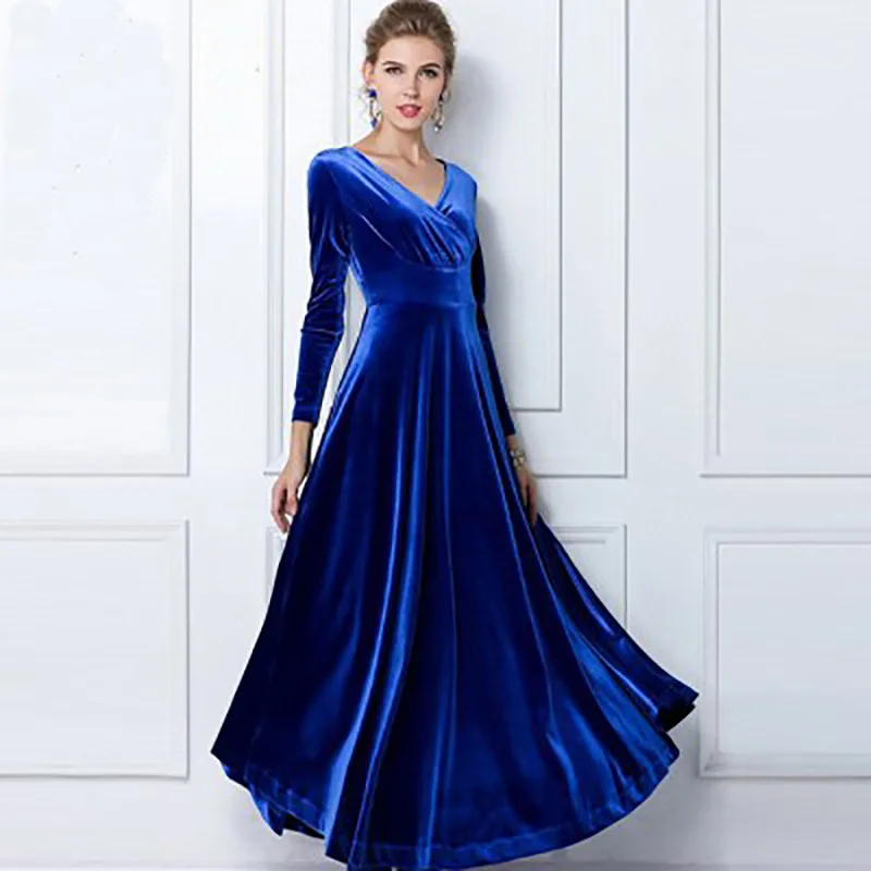 

2019 Spring And Summer Large Size Dress Europe And America Long Sleeve V-neck Long Big Hemline Mopping Gold Velvet Long Skirts D