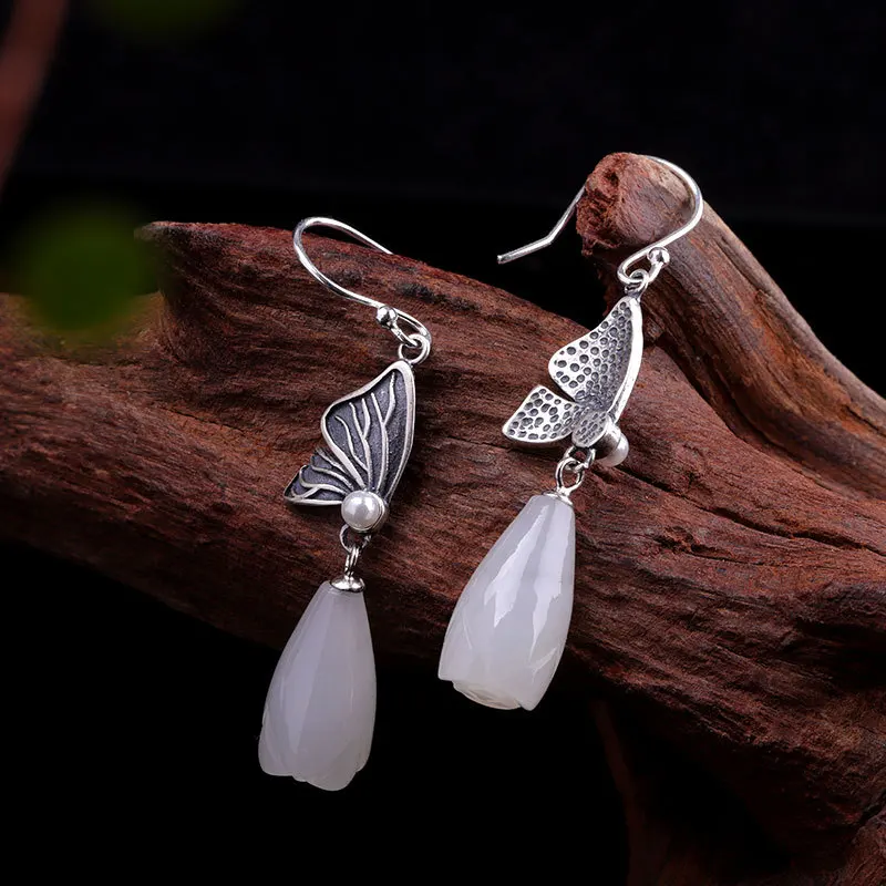 Uglyless Vintage Thai Silver Butterfly Earrings for Women Natural Jade Magnolia Dangle Earrings 925 Silver Pearls Brincos E1476