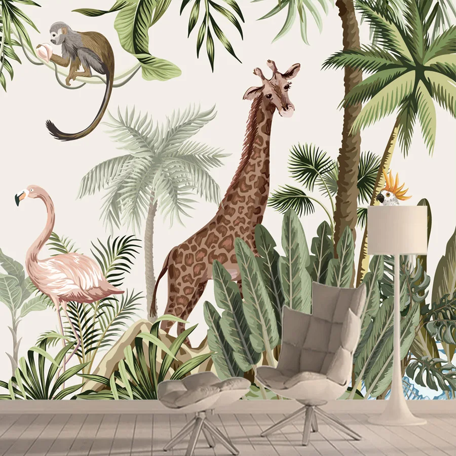 Custom self adhesive accept TV background Wall design Papers Home Decor Jungle Animals Wallpapers for bedroom Kids Giraffe Mural