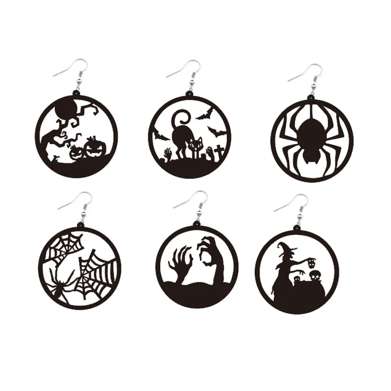 Halloween Vintage Hollow Black Acrylic Earrings for women Pumpkin Witch Skull Cat Bat Spider Web Dangle Jewelry | Украшения и