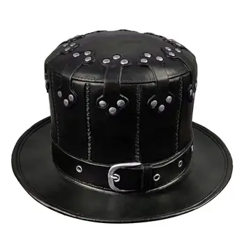 

Retro Steampunk Hat Adult Black Riveted PU Leather Plague Flat Hat Party Halloween Cosplay Costume Props