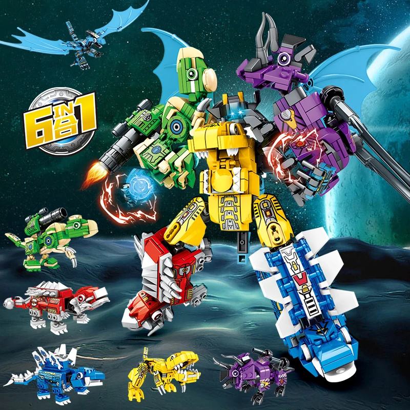

6in1 Transformation Robot Toys Dinosaur Blocks Building Block Pterodactyl Tyrannosaurus Model Creator Animals Toy For Children