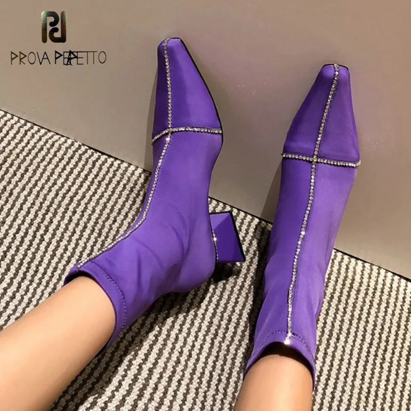 

Prova Perfetto Women Stretch Socks Boots Rhinestone Linellae Pointy Boots Square Heel Fashion Brand Autumn Ladies Boots 2020