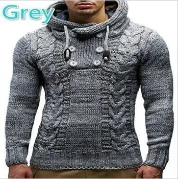 

2019 New Winter Men Sweaters Twist Coat Male Casual Gray Solid Color Hooded Sweaters Slim Fit Knitted Pullovers