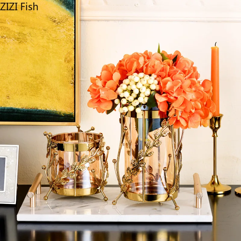 Golden hollow metal frame Glass Flower vase 3 Golden hollow metal frame Glass Flower vase 3