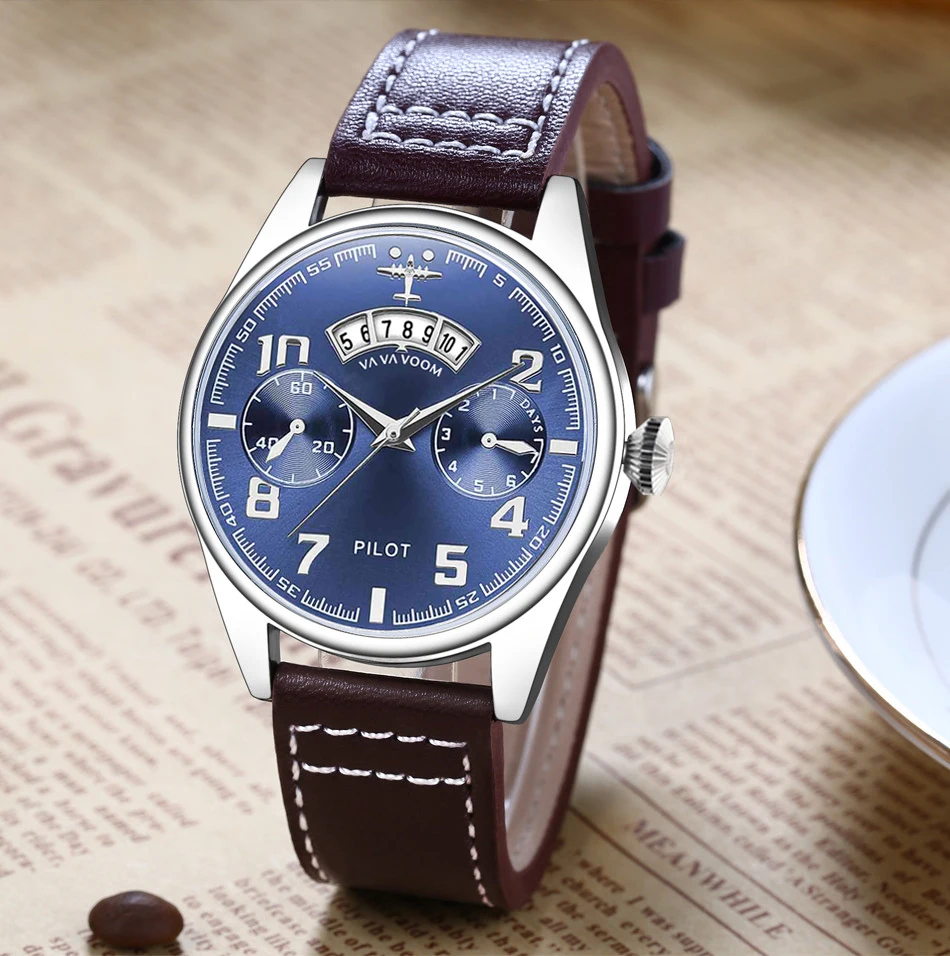 Airplane Sports Military Blue Dial Pilot Calendar Men Wristwatch Chronograph Fashion Casual Brand Army Brown Leather Watches