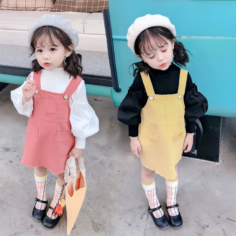 

Baby Autumn Clothing Girls Puff Sleeve Base Shirt Suspender Skirt Two-Piece 2019 Spring And Autumn CHILDREN'S Suit