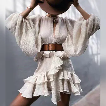 

New little ins Vintage pleated multi layered flowing lantern sleeve belt dress
