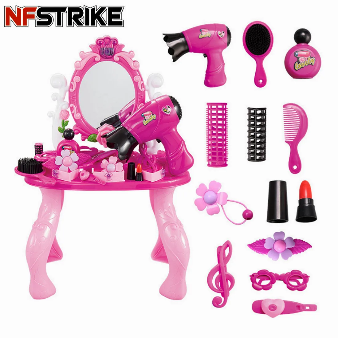 

12Pcs Children Pretend Play Girl Dressing Table Toy Dresser Playset With Light Pretend Play Toy Set 2019 - Pink