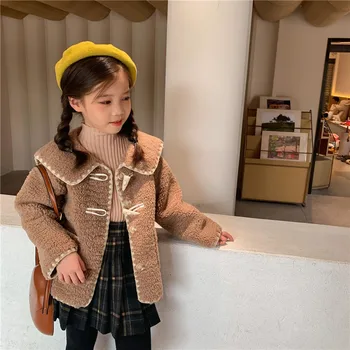 

2020 Winter kids girl warm horn button coat Korean style fashion turn-down collar baby child thicken jacket for girls