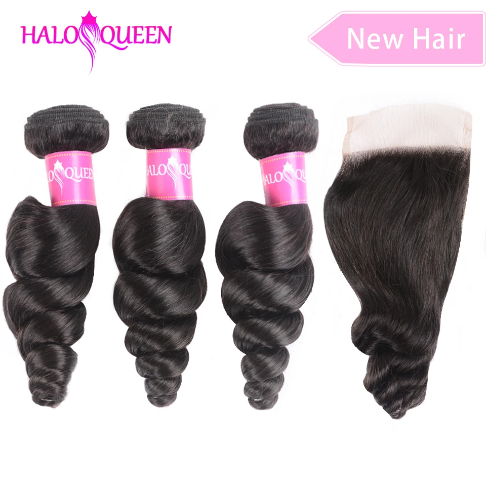 

HALOQUEEN Hair Brazilian Hair Loose Weave Bundles With Closure Non-Remy Human Hair 3 Bundle With Closure With Closure Loose Wave