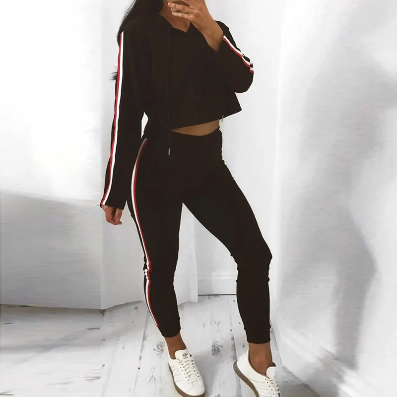 

Trend 2pcs Outfits Women Drawstring Sweatshirt And Striped Pants Casual Sport Suit Jogger Set Casual Conjuntos De Mujer Rm*