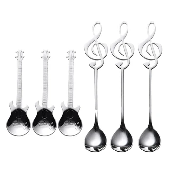 

Coffee Spoons,6 Pack Creative Cute Teaspoons Stainless Steel Staff Musical Notation Shaped (3 Music Note +3 Guitar)