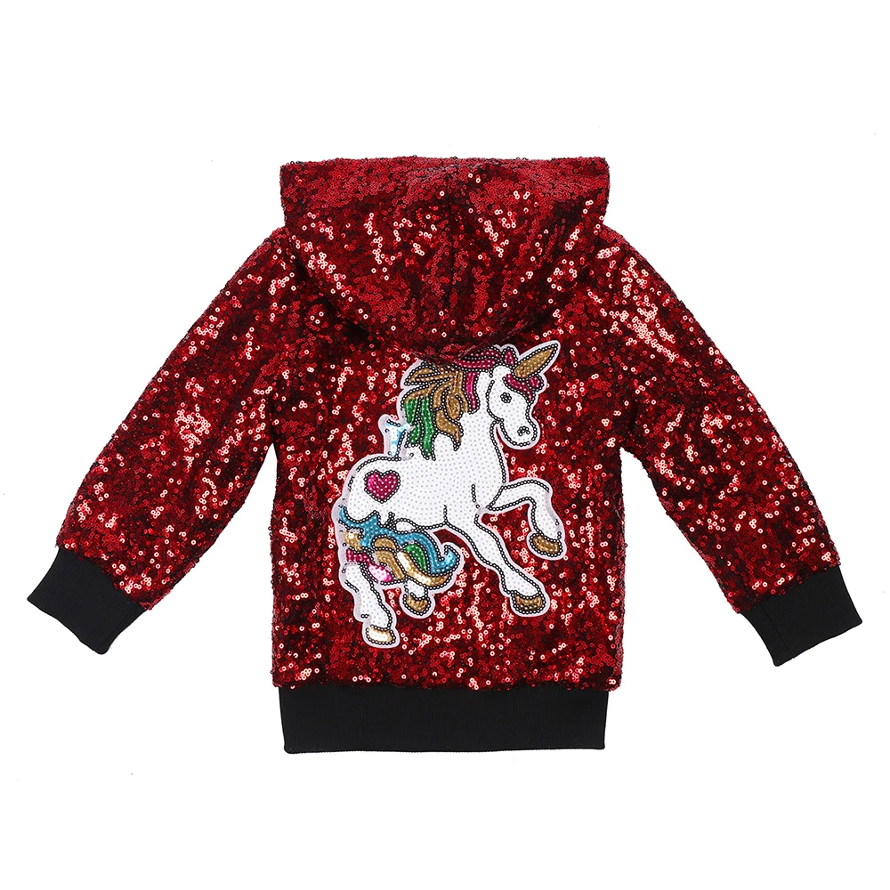 Розовая куртка с единорогом для маленьких девочек; пальто с пайетками; золотая толстовка с капюшоном для малышей; цвет радуги; вечерние блестящие куртки для детей; подарок на Рождество и день рождения - Цвет: Unicorn Wine black