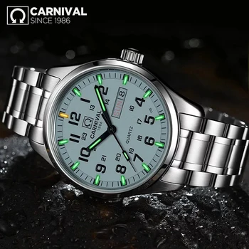 

Relogio masculino CARNIVAL Fashion Tritium gas Self Luminous Watch men High end Quartz Wristwatch with Swiss movement Calendar