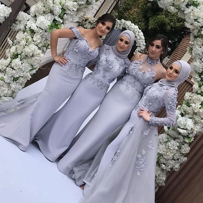 ^*Best Offers Arabisch Lange Mouwen Mermaid Moslim Bruidsmeisjekleding met Hijab Afneembare Rok 3D Bloem Lange Bruiloft Gast Formele Partij Jassen