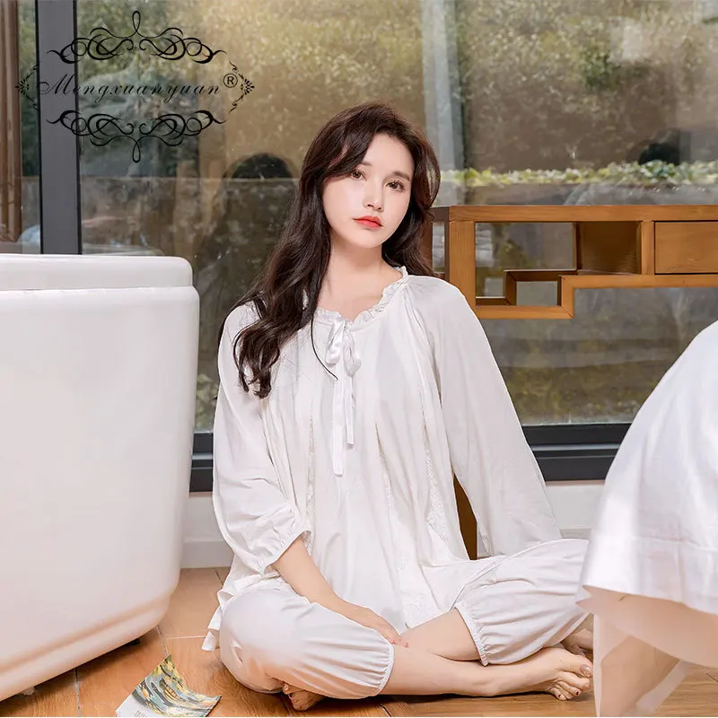 

New Korean Version Of Bubble Cotton Gauze Ladies' Court Pajamas Set 2PCS Sleepwear Lovely Lace Pijamas Suit Nightwear Homewear