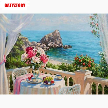 

GATYZTORY 5D Diamond Painting Full Square DIY Home Decor Mosaic Rhinestone Picture Custom LOGO Canvas Wall Balcony with sea view